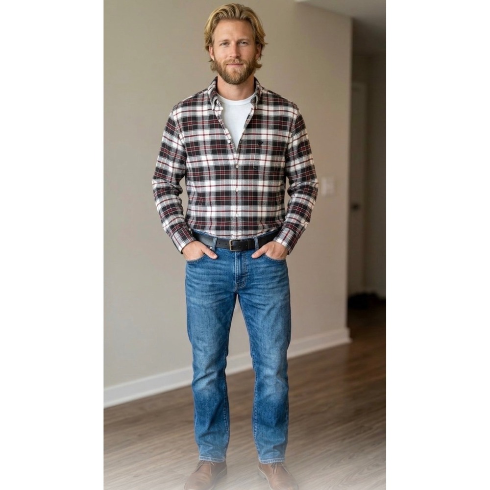 American Eagle Outfitters Mens XL Plaid Button Down Shirt Black White Red Cotton